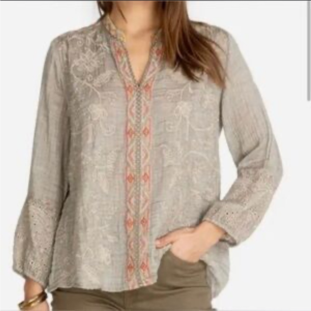 Johnny Was Paris Effortless Beige and Red Embroidered Blouse
